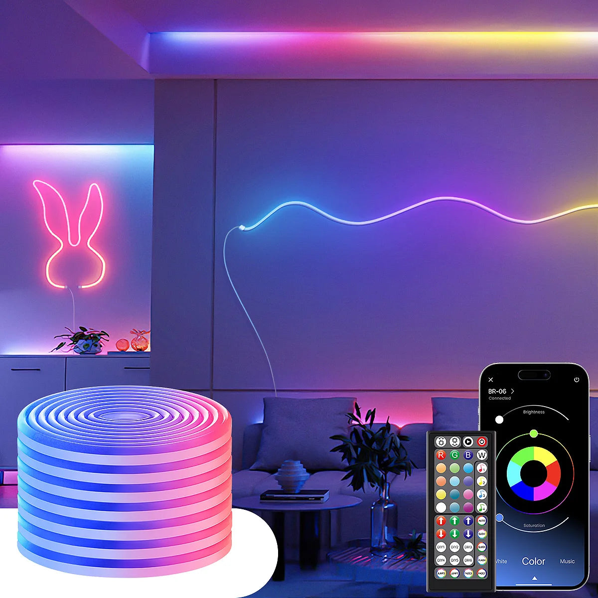 LED Neon Rope Lights with App/Remote Control, 24V Music Sync Waterproof Flexible DIY Design RGB Strip Lights for Bedroom Party