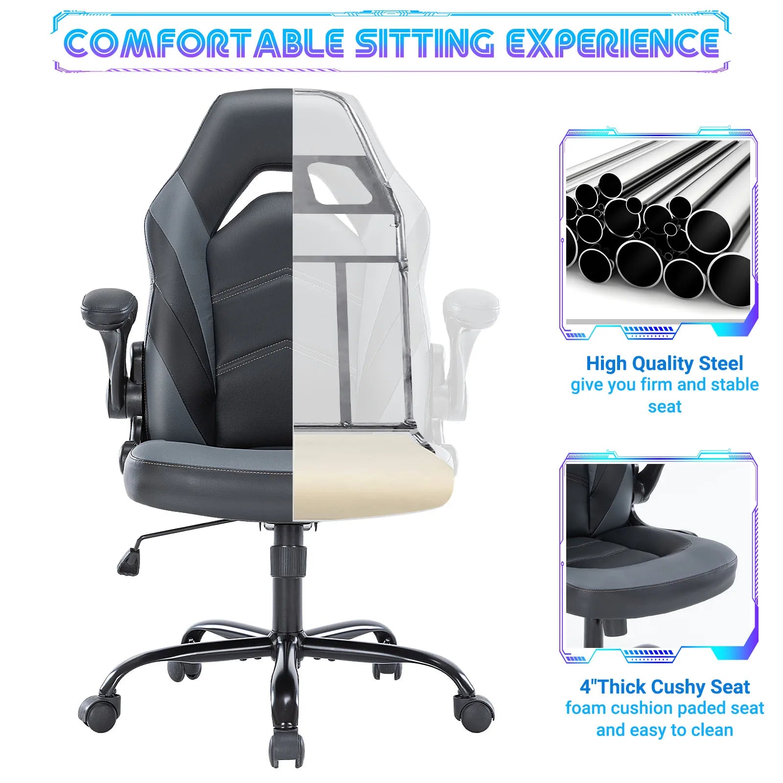 JHK Ergonomischer Gaming- & Bürostuhl – Verstellbarer PU-Ledersessel mit Klappbaren Armlehnen und Racing-Design