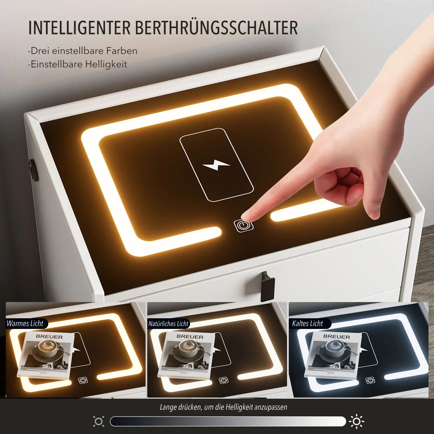 Oyajia Smart Nachttisch mit LED-Beleuchtung & Kabellosem Laden – Nachtschrank mit 2 Schubladen für Schlafzimmer & Wohnzimmer