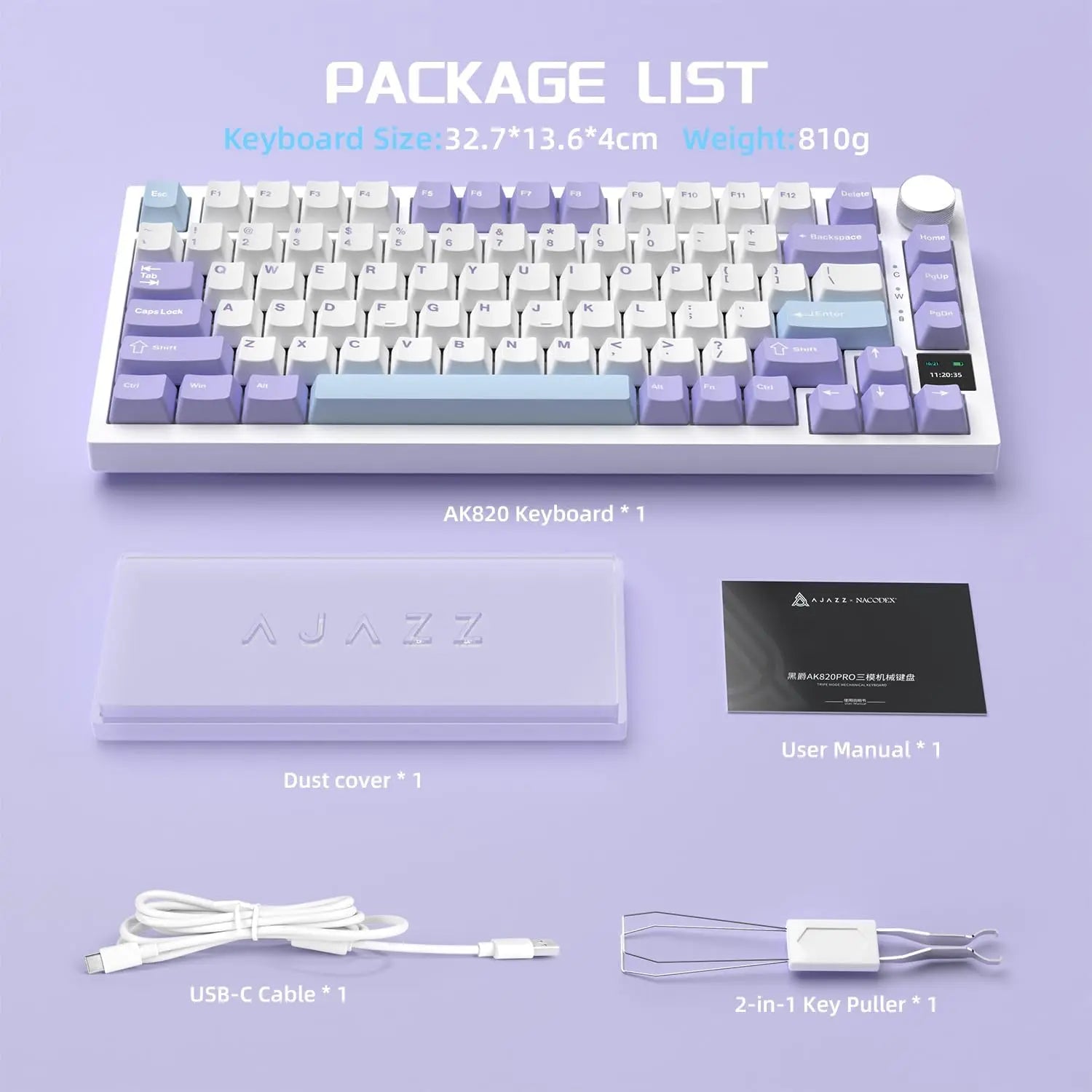 AJAZZ AK820PRO Mechanische Tastatur – 75% Layout, Dreifachmodus (2.4G / Bluetooth / Kabel), PBT-Keycaps, Hot-Swap & Gasket-Mount-Design