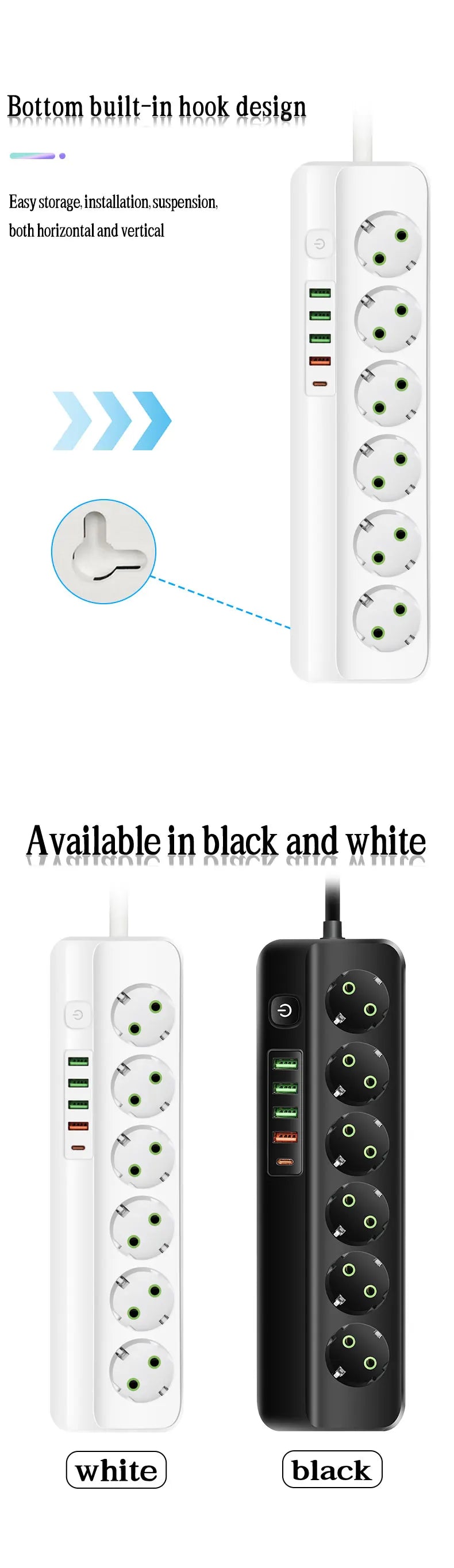 EU-Stecker Mehrfachsteckdose 2500 W – 3/4/5/6 Steckplätze mit 4 USB & 1 Type-C, 2 m Verlängerungskabel, 2.1 A Schnellladen