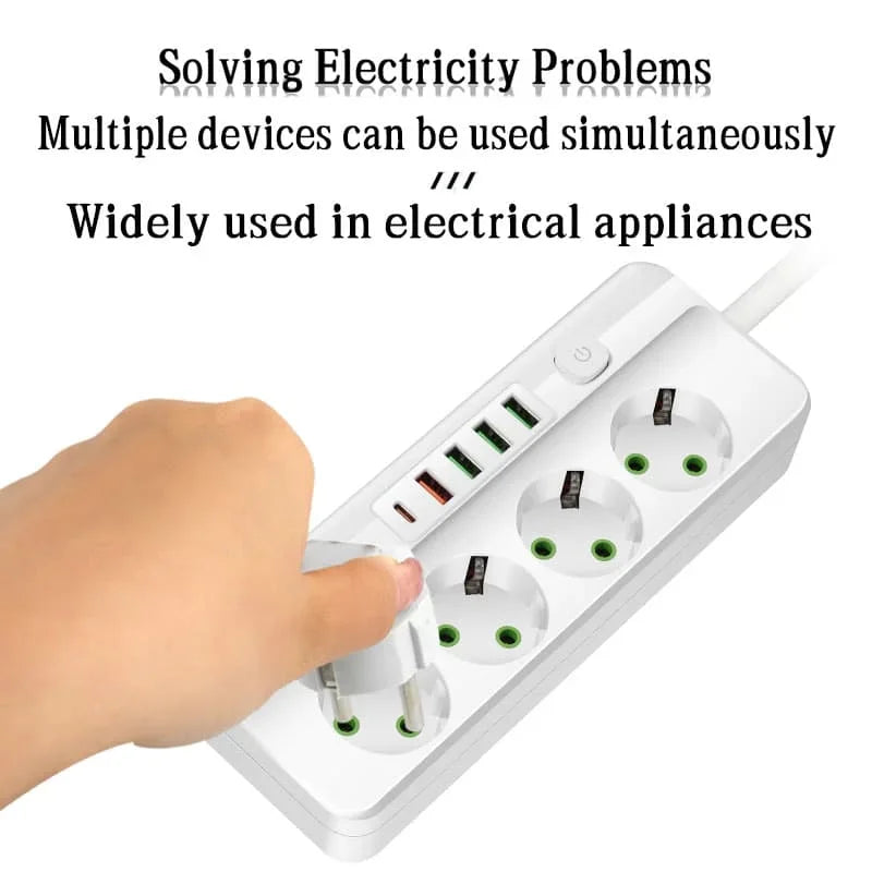 EU-Stecker Mehrfachsteckdose 2500 W – 3/4/5/6 Steckplätze mit 4 USB & 1 Type-C, 2 m Verlängerungskabel, 2.1 A Schnellladen
