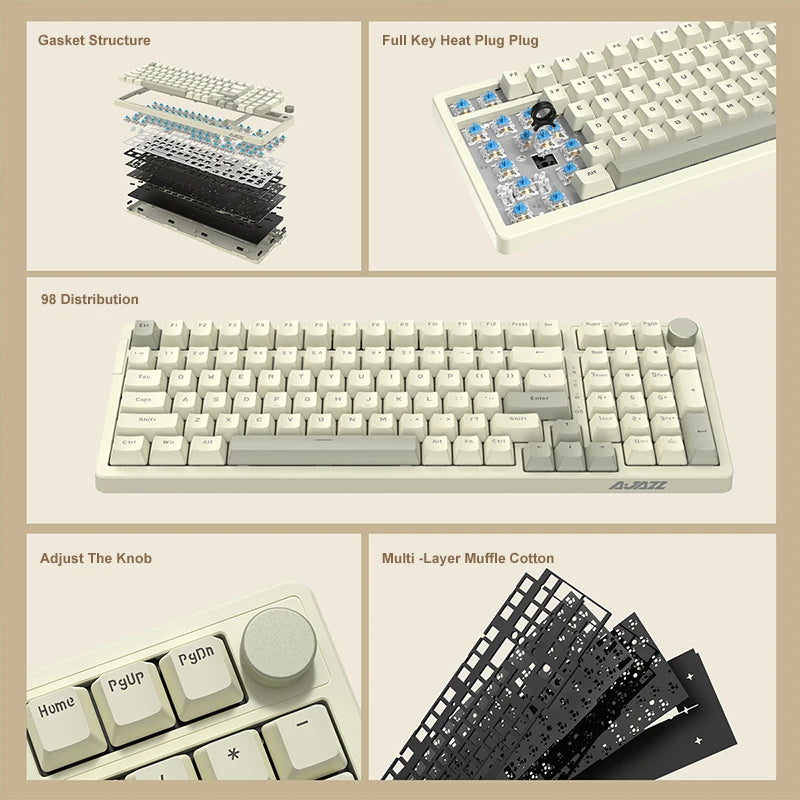 Ajazz AK992 Mechanische Tastatur – 98 Tasten, Hot-Swap, USB-Kabel & Multifunktions-Drehknopf, Vollformat Gaming Keyboard
