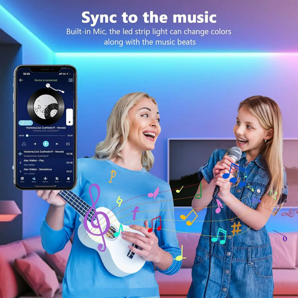 Mexllex RGB LED Streifen 15–30 m – Mit App & Fernbedienung, Musik-Synchronisation, Timer & Farbwechsel, Dimmbar für Gaming & Deko