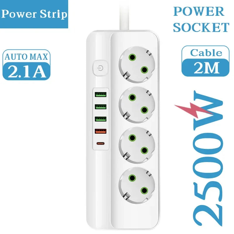 EU-Stecker Mehrfachsteckdose 2500 W – 3/4/5/6 Steckplätze mit 4 USB & 1 Type-C, 2 m Verlängerungskabel, 2.1 A Schnellladen