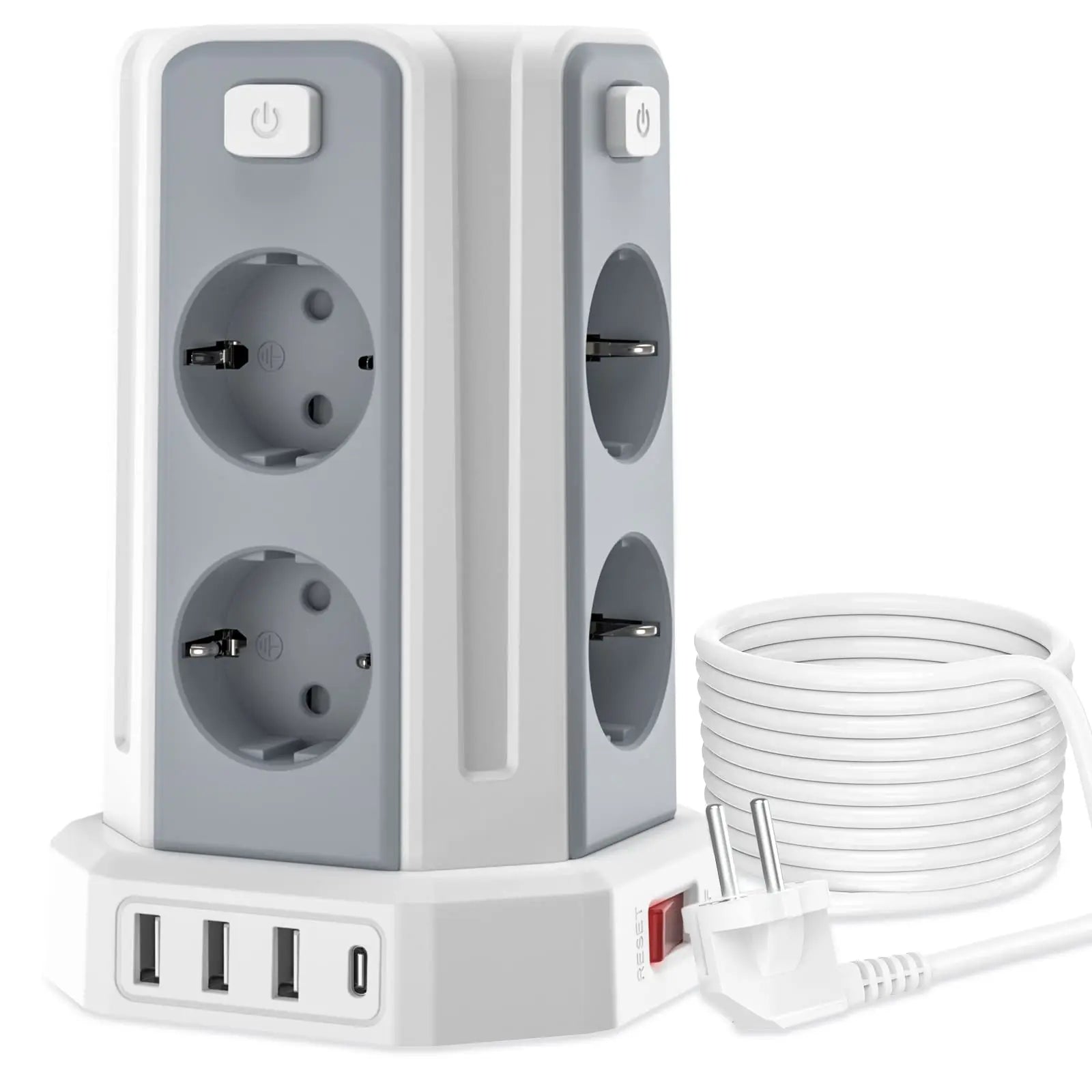 Mehrfachsteckdose 3 m mit 8 Steckplätzen, 3 USB & 1 USB-C – 2500 W / 10 A, Überspannungsschutz & Einzelschalter