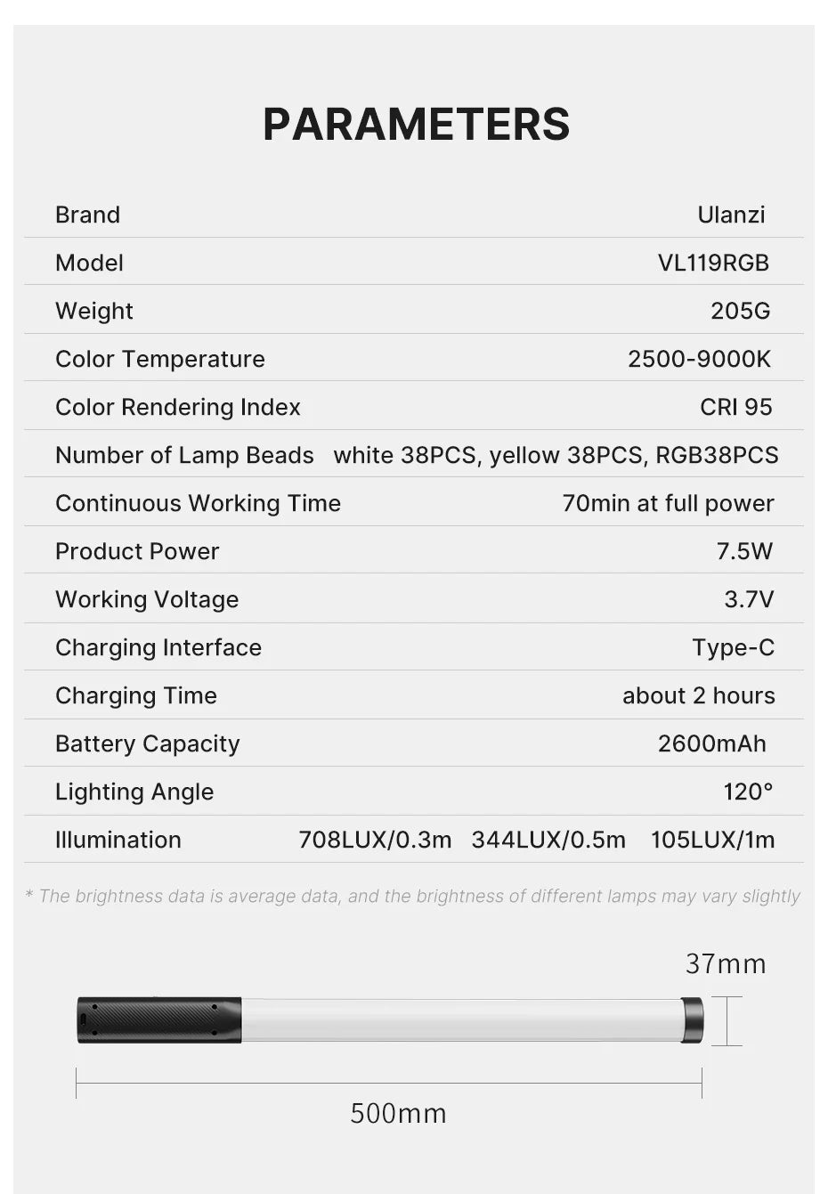 Ulanzi VL119 Handheld RGB Lichtstab – Tragbare LED Stick Light 50 cm, CRI 95+, 2500K–9000K, Wiederaufladbare Studio-Fotolampe