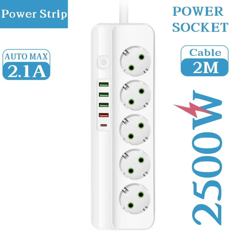 EU-Stecker Mehrfachsteckdose 2500 W – 3/4/5/6 Steckplätze mit 4 USB & 1 Type-C, 2 m Verlängerungskabel, 2.1 A Schnellladen