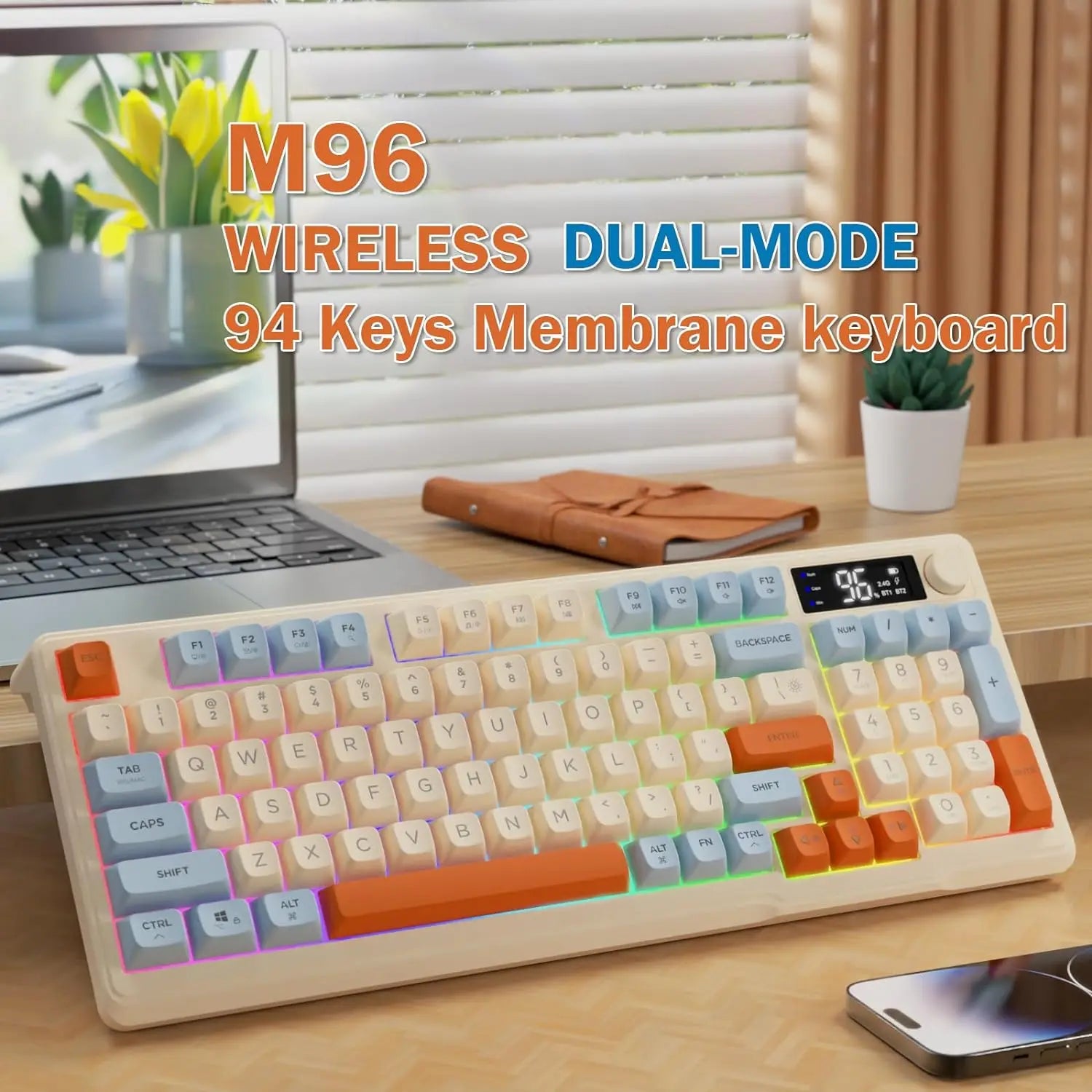 ZIYOU LANG Kabellose Gaming-Tastatur – Mit Display & Multifunktions-Drehknopf, Bluetooth/2.4 GHz, Leise Membrantasten & 3000 mAh Akku