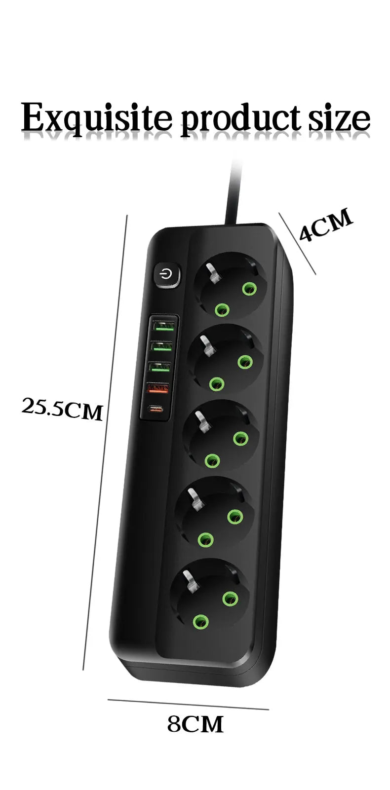 EU-Stecker Mehrfachsteckdose 2500 W – 3/4/5/6 Steckplätze mit 4 USB & 1 Type-C, 2 m Verlängerungskabel, 2.1 A Schnellladen