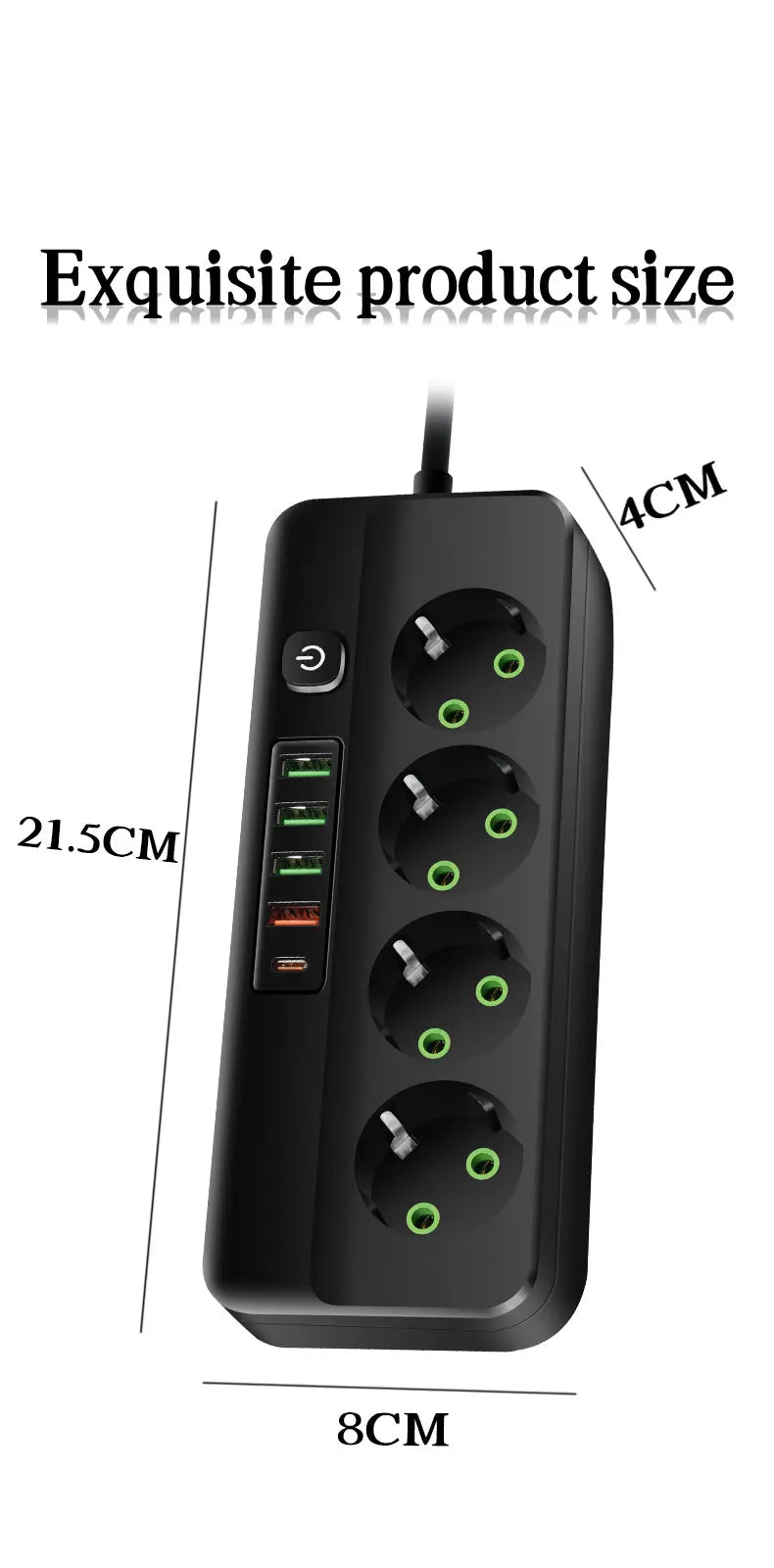 EU-Stecker Mehrfachsteckdose 2500 W – 3/4/5/6 Steckplätze mit 4 USB & 1 Type-C, 2 m Verlängerungskabel, 2.1 A Schnellladen