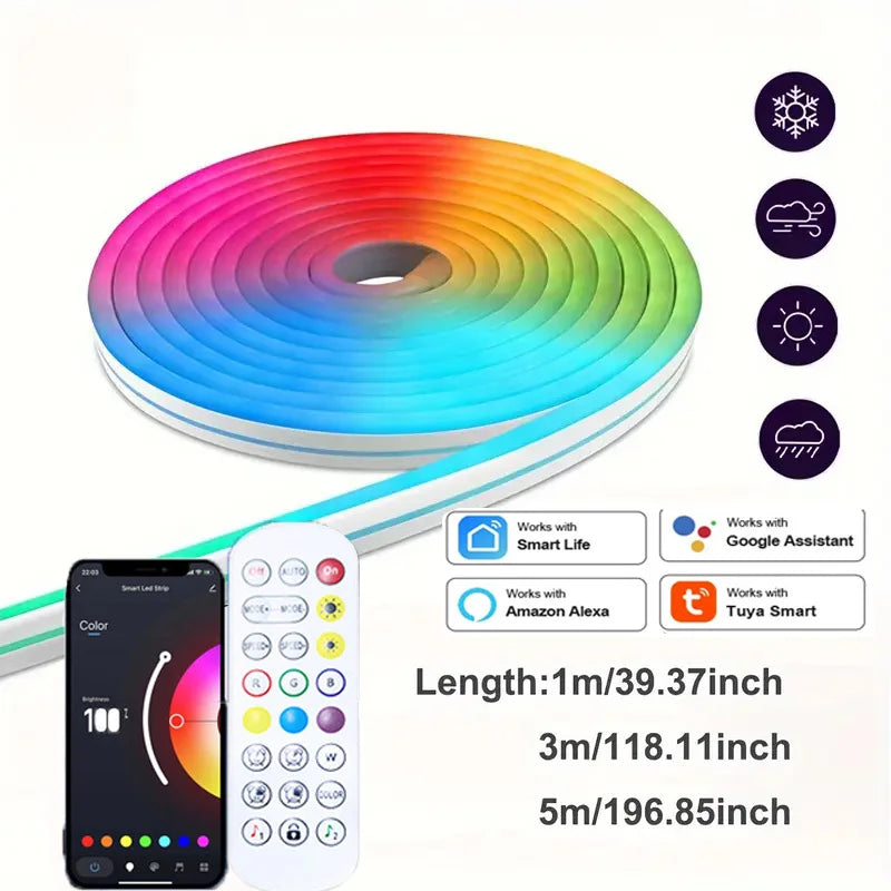 Smart RGB Neon LED Streifen – Wasserdichtes USB Lichtband 1–5 m, Tuya App & Fernbedienung, Flexibles DIY Design für Neon Dekoration & Beleuchtung