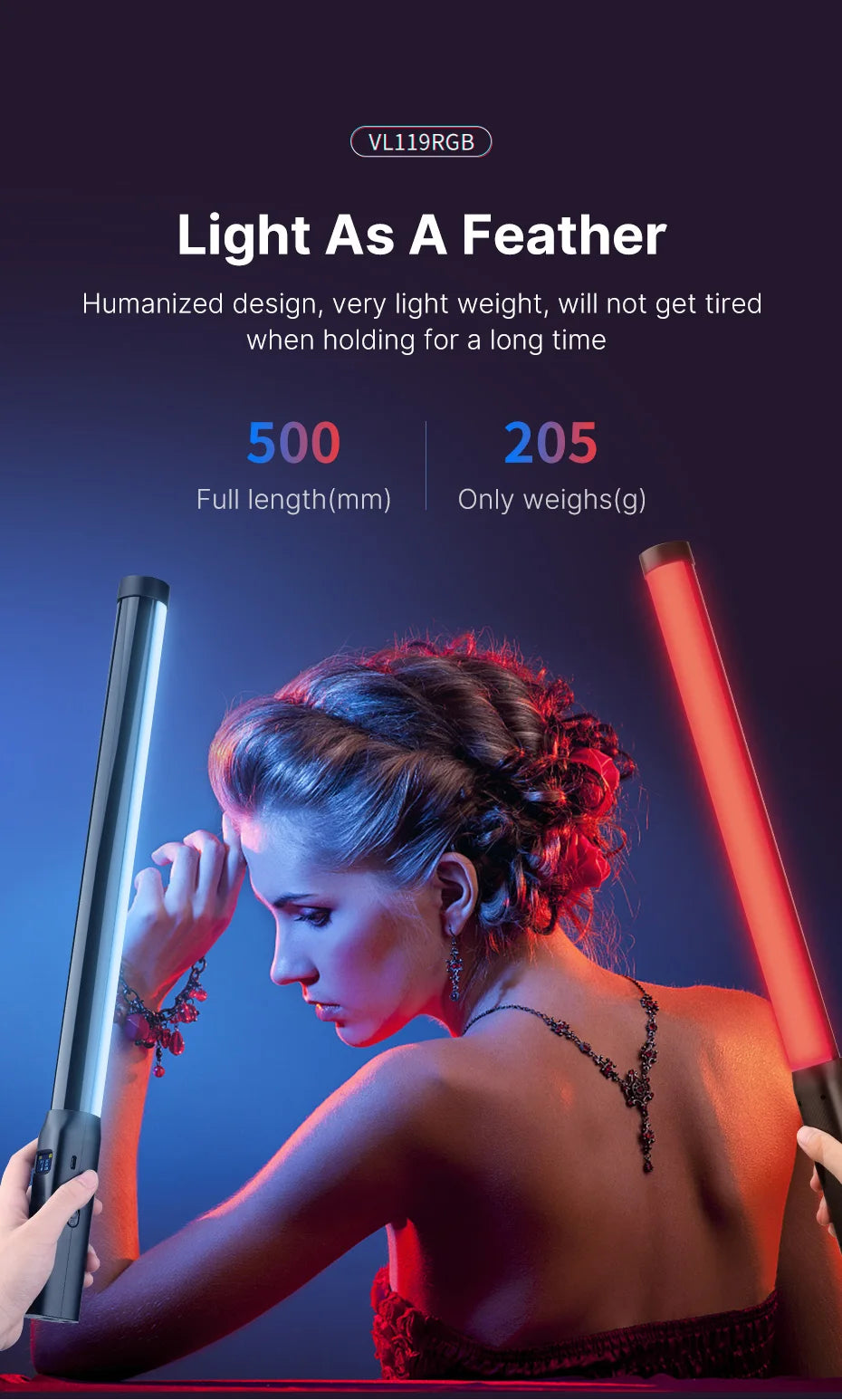 Ulanzi VL119 Handheld RGB Lichtstab – Tragbare LED Stick Light 50 cm, CRI 95+, 2500K–9000K, Wiederaufladbare Studio-Fotolampe