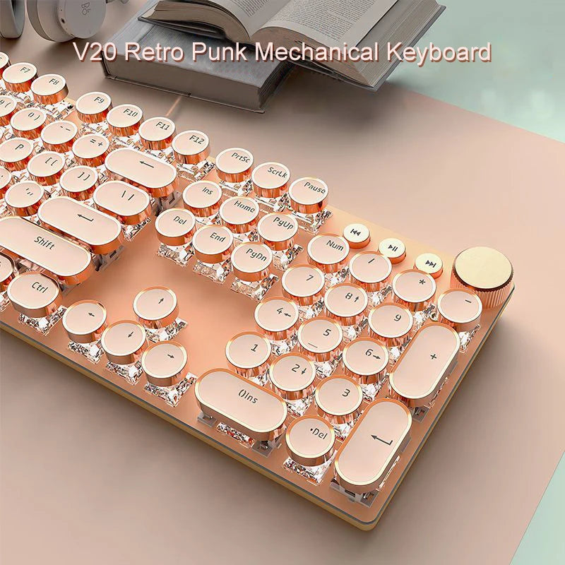 EWEADN V20 Mechanische Gaming-Tastatur – Retro Typewriter Design mit 104 Rundtasten & Weißer LED-Hintergrundbeleuchtung