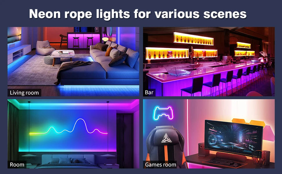 LED Neon Rope Lights with App/Remote Control, 24V Music Sync Waterproof Flexible DIY Design RGB Strip Lights for Bedroom Party