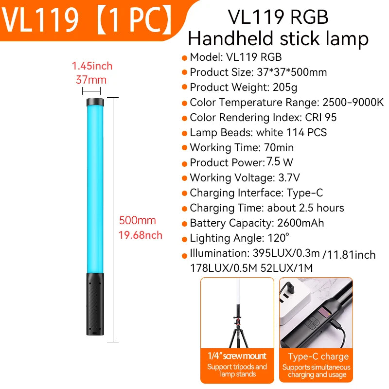 Ulanzi VL119 Colorful Led Stick Light Lamp Handheld RGB Tube Light Wand For Studio Game Room Video Movie Vlog Tiktok Photography