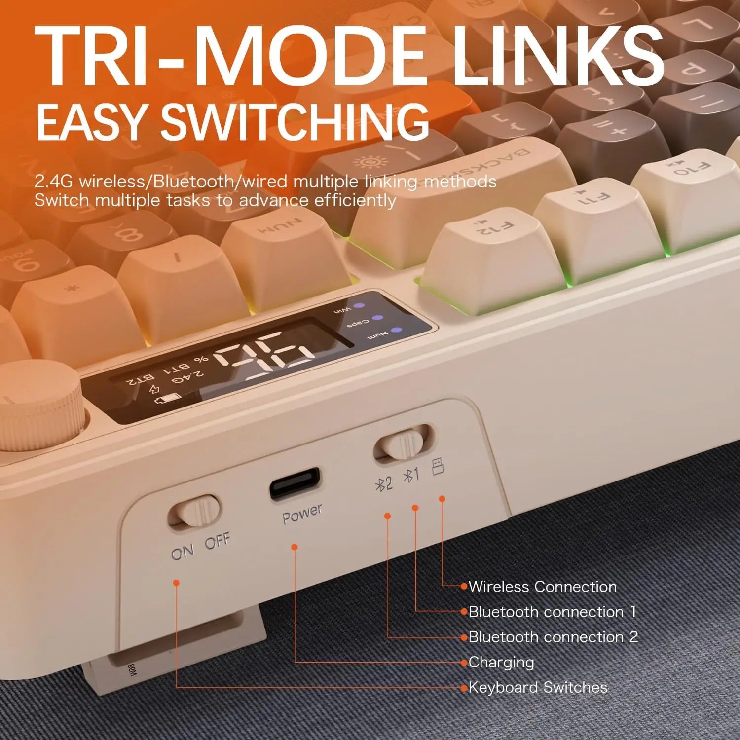 ZIYOU LANG Kabellose Gaming-Tastatur – Mit Display & Multifunktions-Drehknopf, Bluetooth/2.4 GHz, Leise Membrantasten & 3000 mAh Akku
