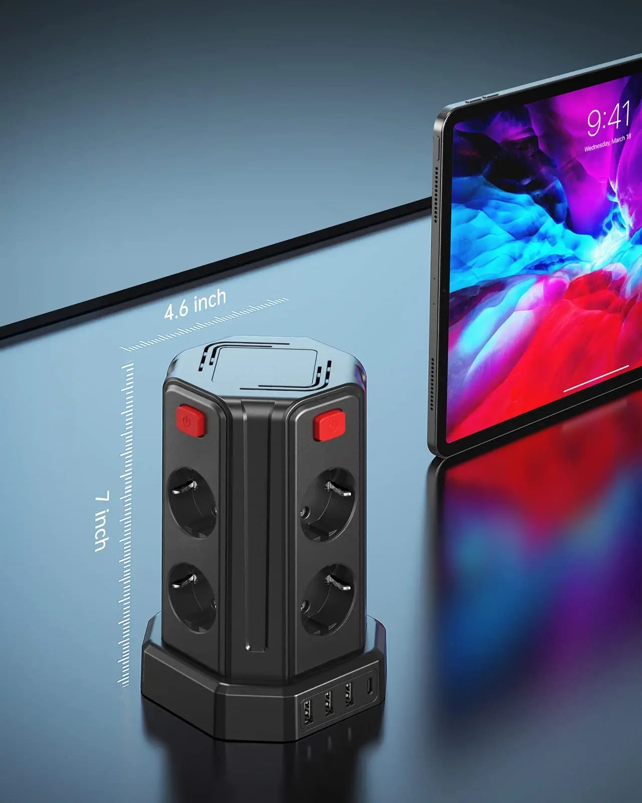 Mehrfachsteckdose 3 m mit 8 Steckplätzen, 3 USB & 1 USB-C – 2500 W / 10 A, Überspannungsschutz & Einzelschalter