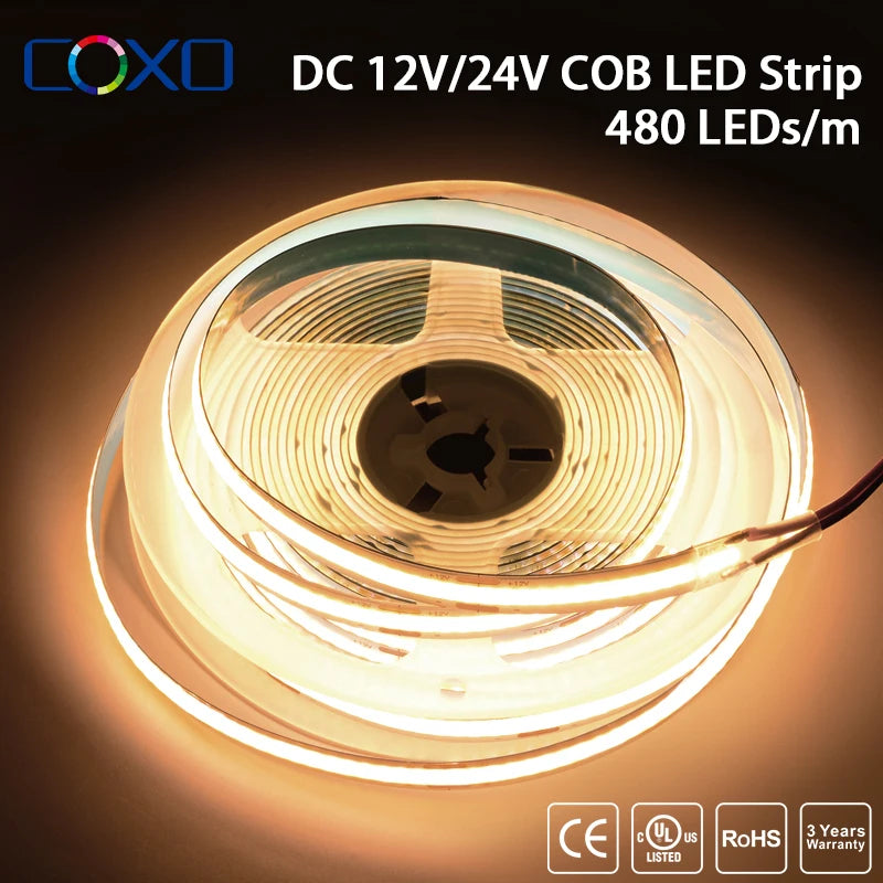COB LED Streifen UL Zertifiziert – 320/480 LEDs pro Meter, 5 m Flexibles Lichtband 3000–6500 K, RA90, DC12V/24V, Hochdichtes Lichtband