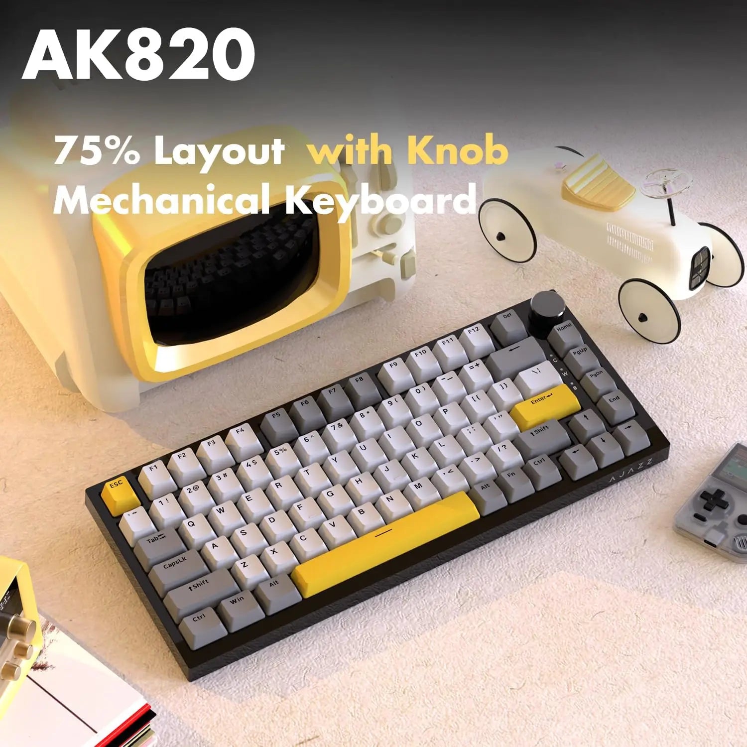 AJAZZ AK820PRO Mechanische Tastatur – 75% Layout, Dreifachmodus (2.4G / Bluetooth / Kabel), PBT-Keycaps, Hot-Swap & Gasket-Mount-Design