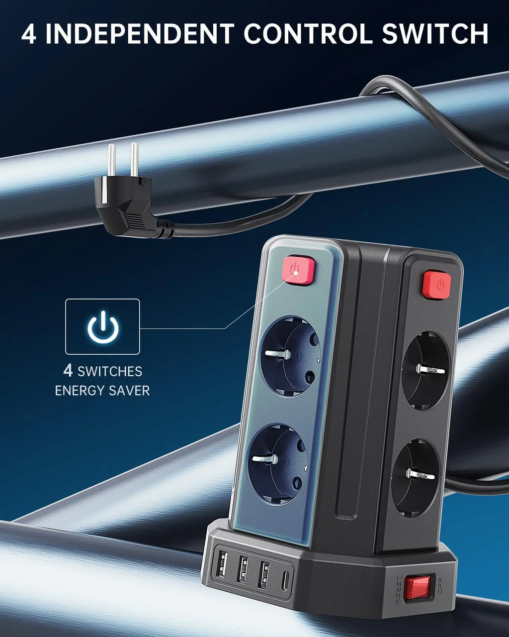 Mehrfachsteckdose 3 m mit 8 Steckplätzen, 3 USB & 1 USB-C – 2500 W / 10 A, Überspannungsschutz & Einzelschalter