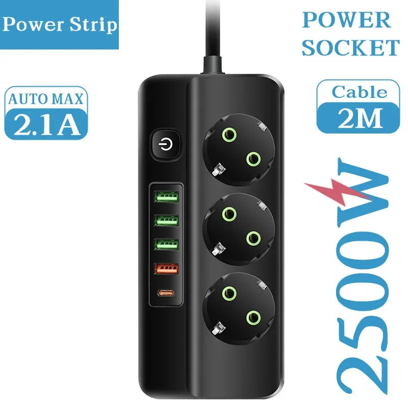 EU-Stecker Mehrfachsteckdose 2500 W – 3/4/5/6 Steckplätze mit 4 USB & 1 Type-C, 2 m Verlängerungskabel, 2.1 A Schnellladen