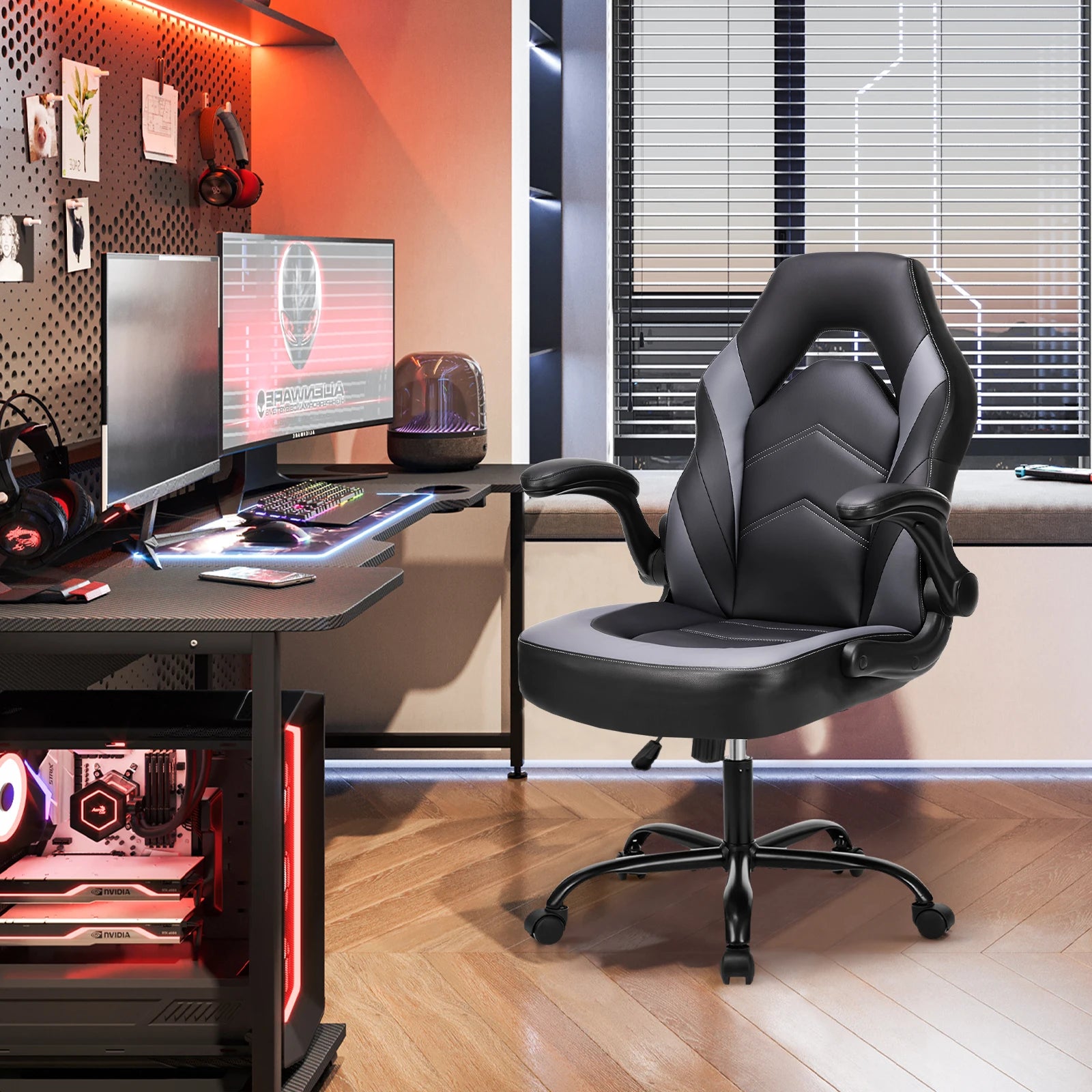 JHK Ergonomischer Gaming- & Bürostuhl – Verstellbarer PU-Ledersessel mit Klappbaren Armlehnen und Racing-Design