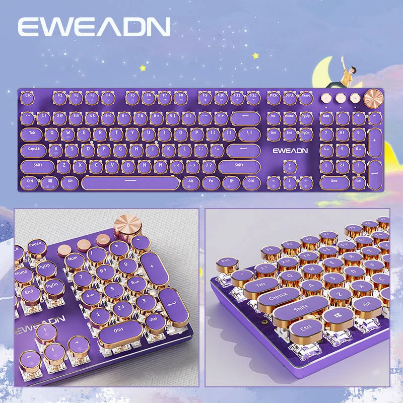 EWEADN V20 Mechanische Gaming-Tastatur – Retro Typewriter Design mit 104 Rundtasten & Weißer LED-Hintergrundbeleuchtung