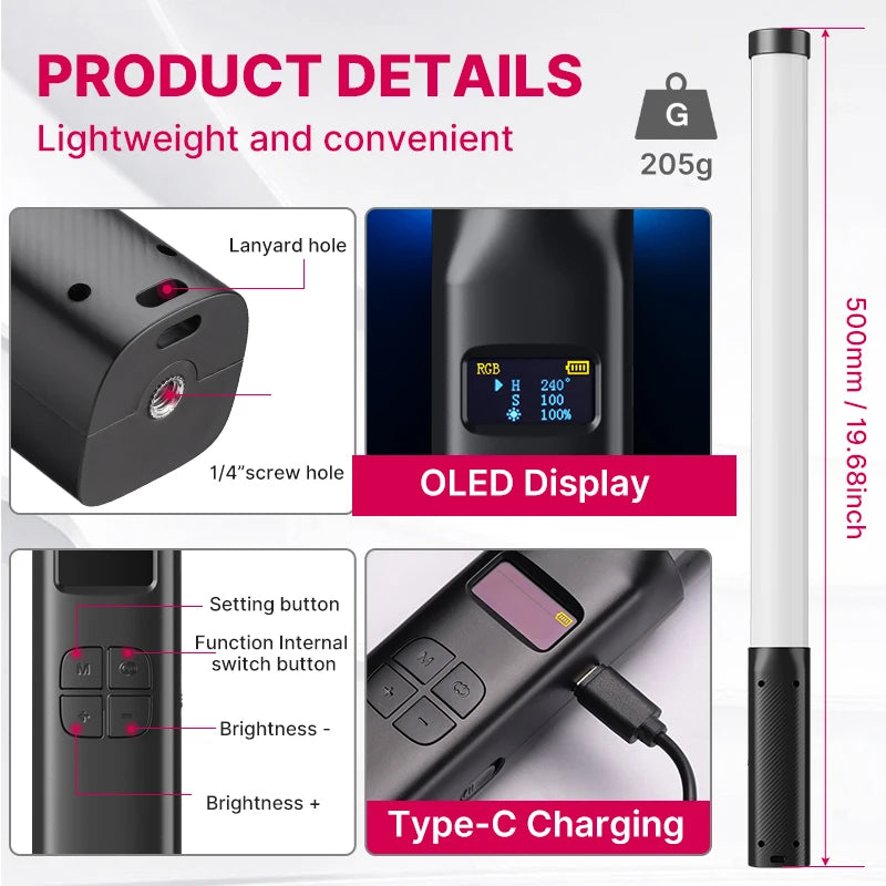 Ulanzi VL119 Handheld RGB Lichtstab – Tragbare LED Stick Light 50 cm, CRI 95+, 2500K–9000K, Wiederaufladbare Studio-Fotolampe