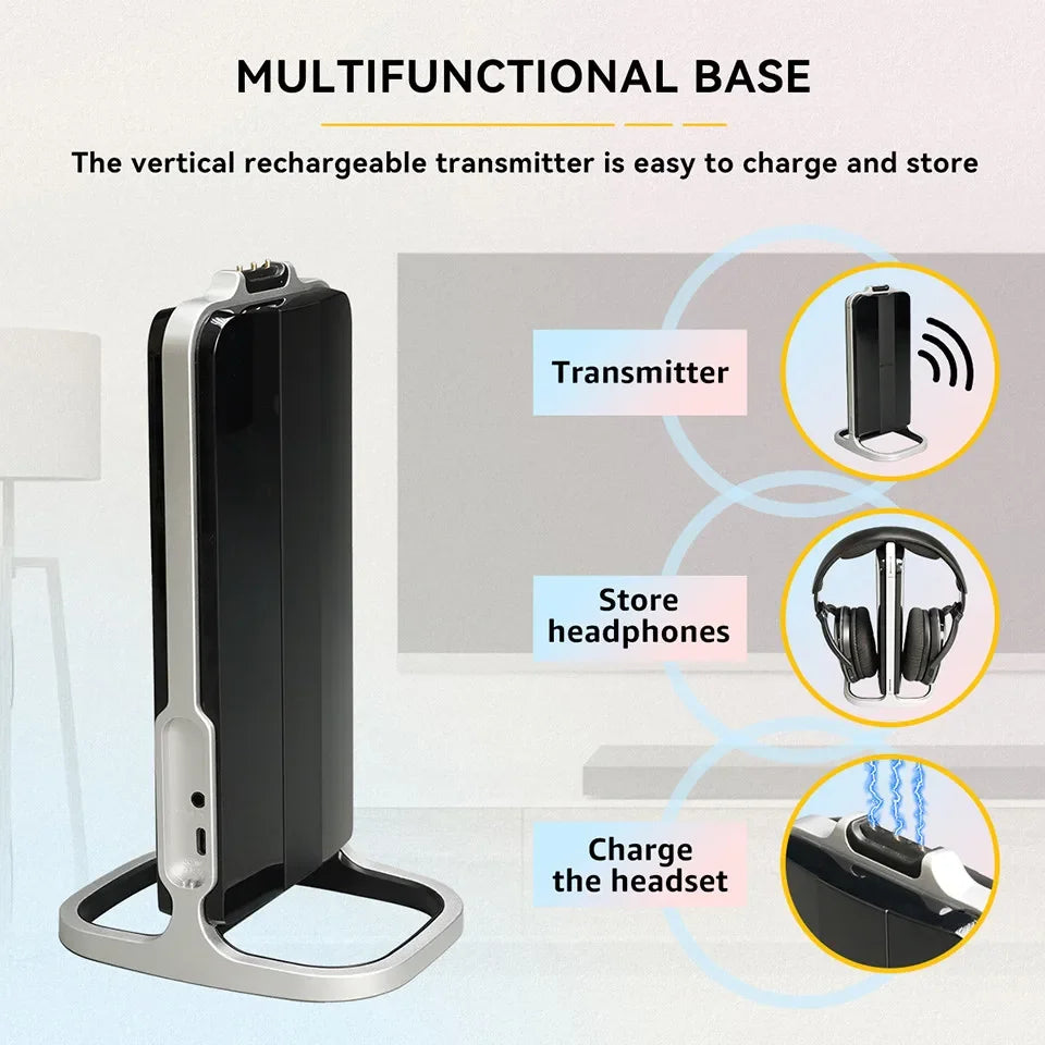 Kabelloser Bluetooth-Kopfhörer mit Multifunktions-Basis – Wiederaufladbares Headset für Handy, Computer & TV mit Energiesparfunktion