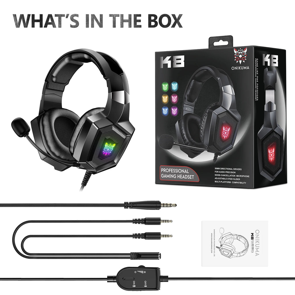 Onikuma K8 RGB Gaming-Headset – Flexibles HD-Mikrofon, Over-Ear, Surround Sound, RGB-Licht, Kabelgebunden für PC & Xbox