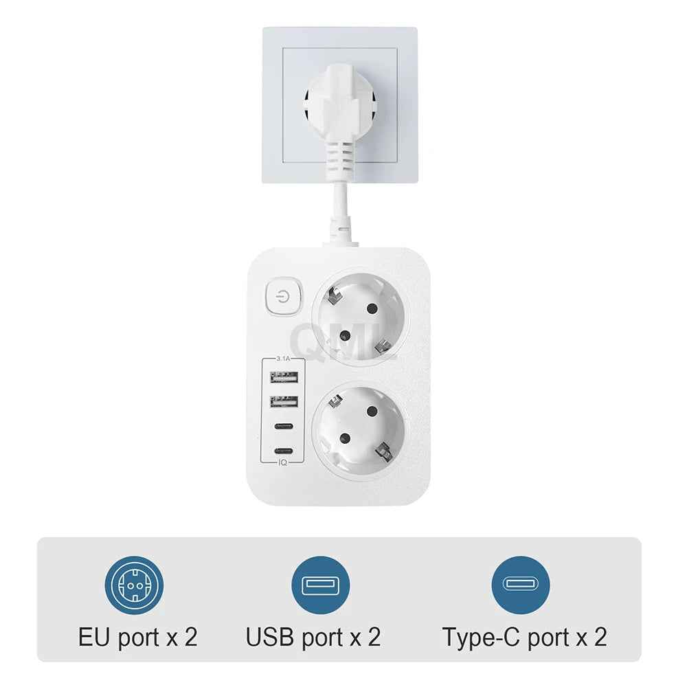 EU-Stecker Mehrfachsteckdose 3250 W 13 A 250 V – 2 Schuko-Steckdosen mit 2 USB & 2 Type-C-Anschlüssen, Sicherheitsschalter