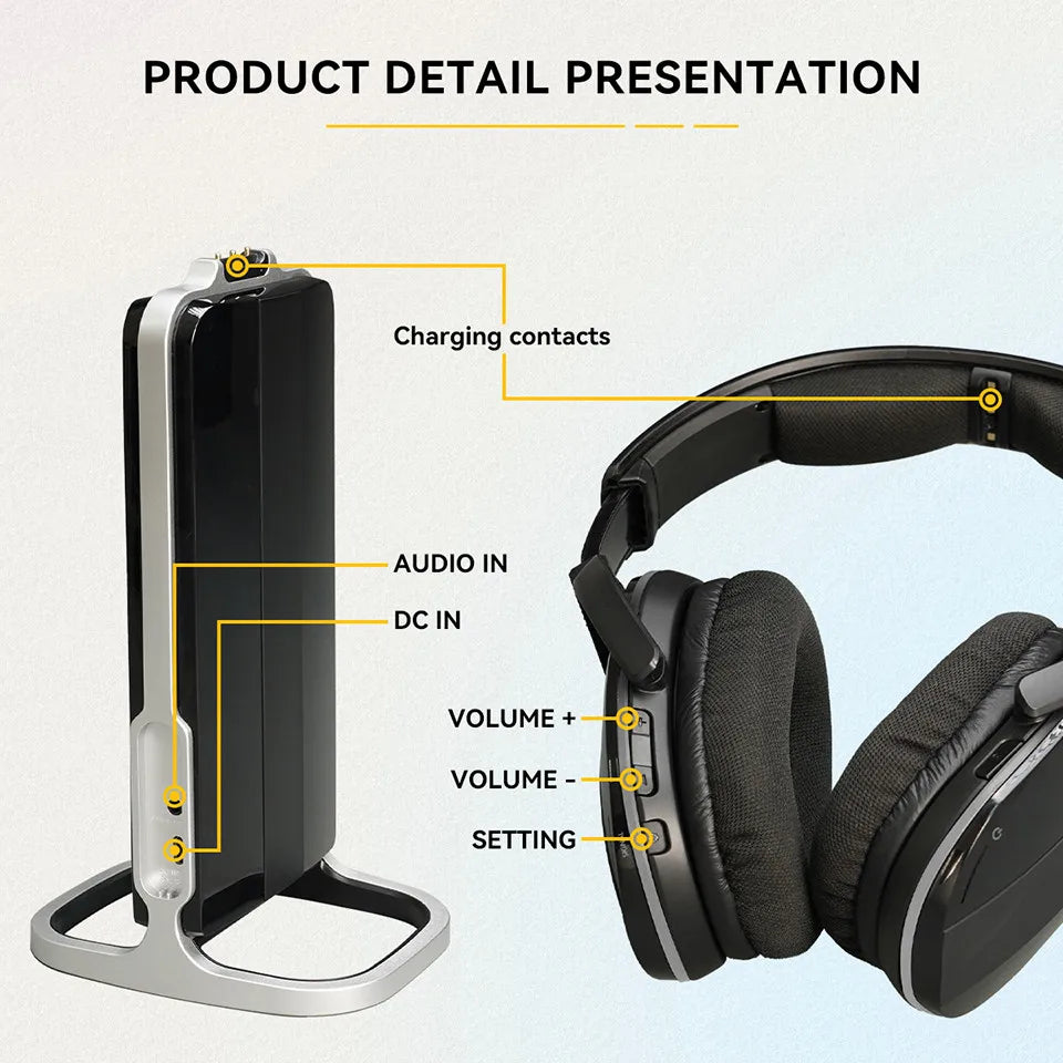 Kabelloser Bluetooth-Kopfhörer mit Multifunktions-Basis – Wiederaufladbares Headset für Handy, Computer & TV mit Energiesparfunktion