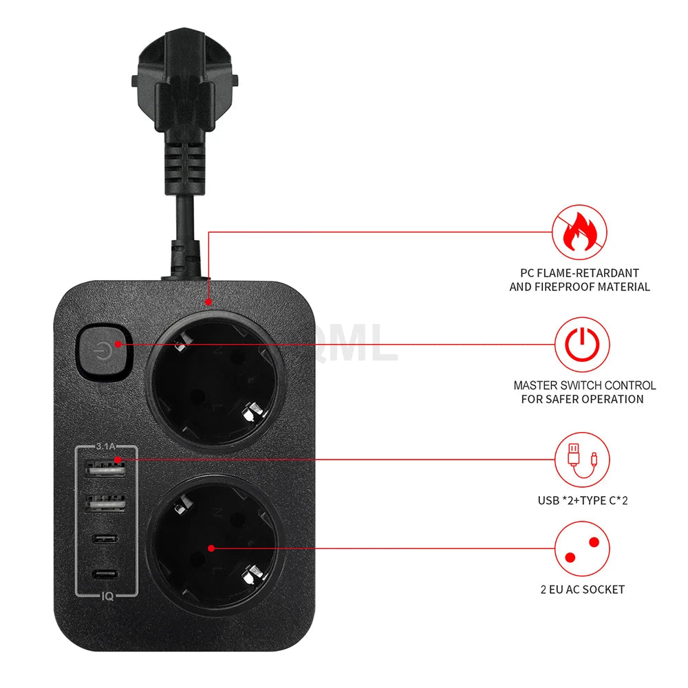 EU-Stecker Mehrfachsteckdose 3250 W 13 A 250 V – 2 Schuko-Steckdosen mit 2 USB & 2 Type-C-Anschlüssen, Sicherheitsschalter