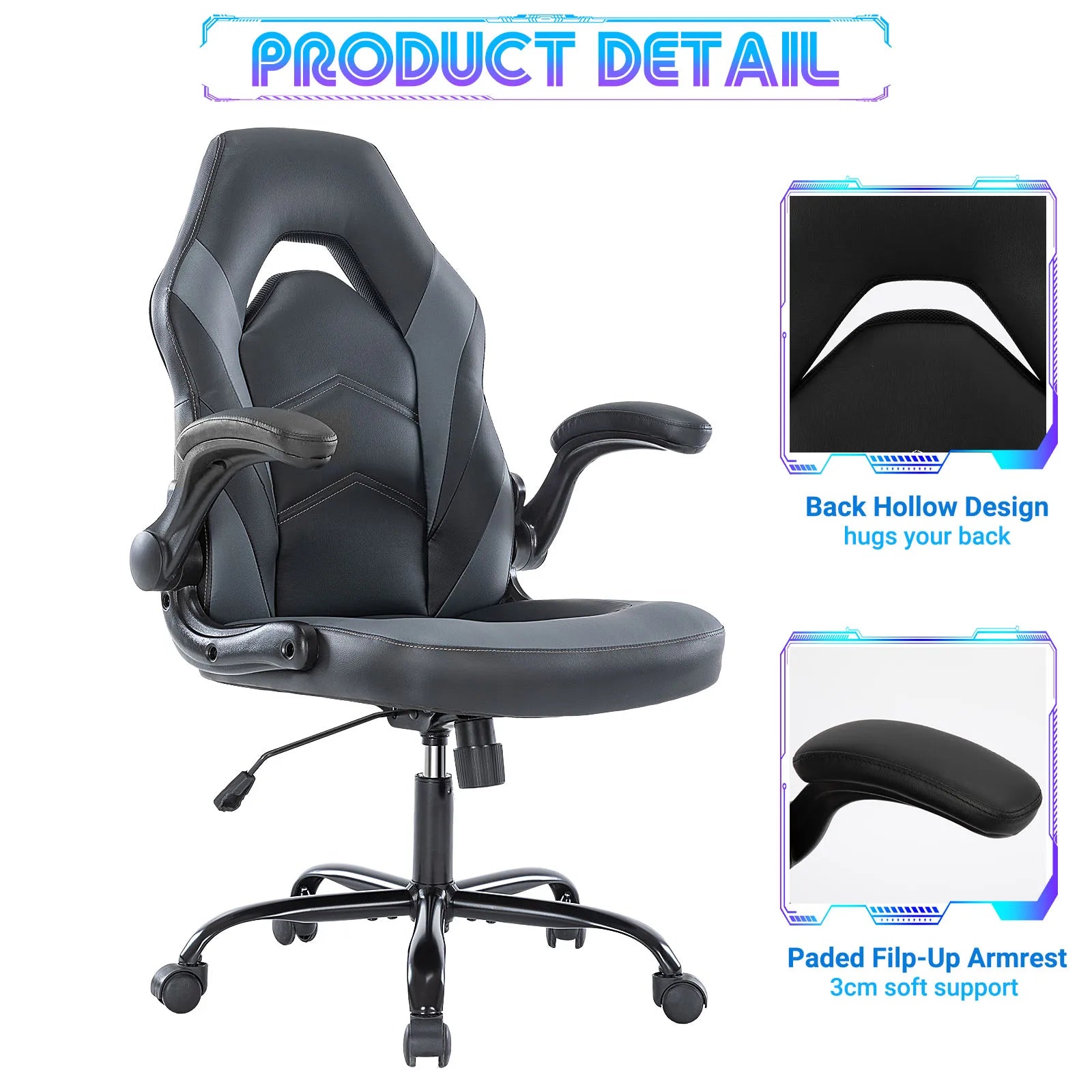 JHK Ergonomischer Gaming- & Bürostuhl – Verstellbarer PU-Ledersessel mit Klappbaren Armlehnen und Racing-Design