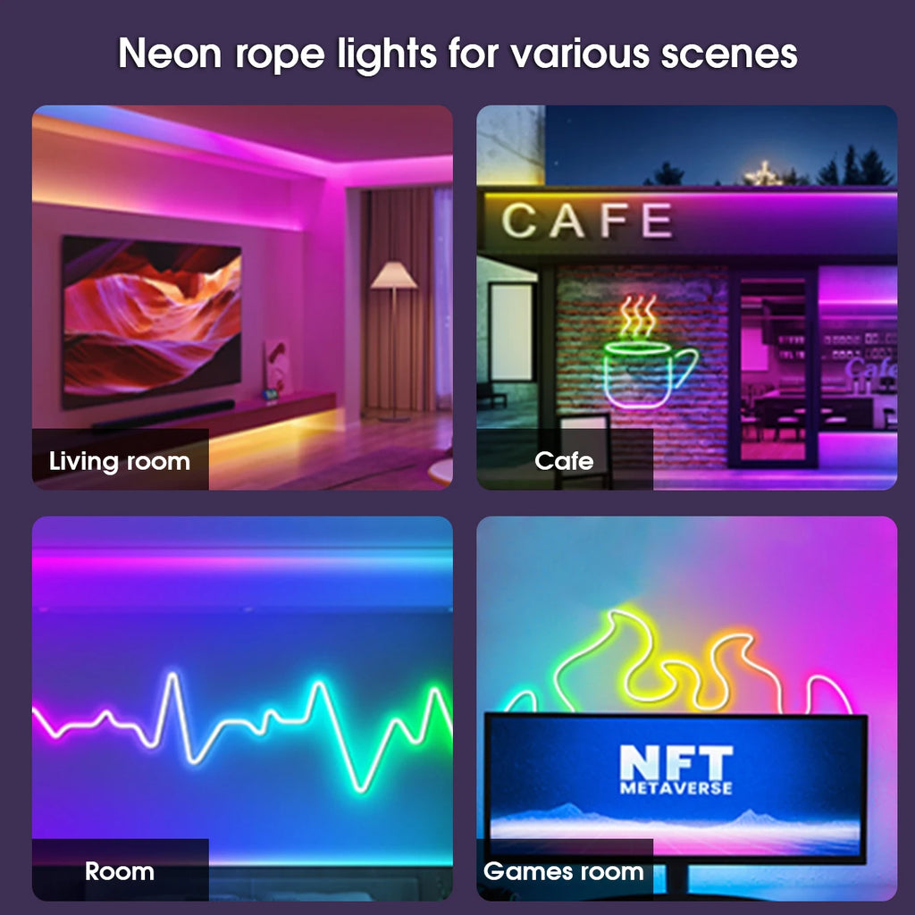 LED Neon Rope Lights with App/Remote Control, 24V Music Sync Waterproof Flexible DIY Design RGB Strip Lights for Bedroom Party