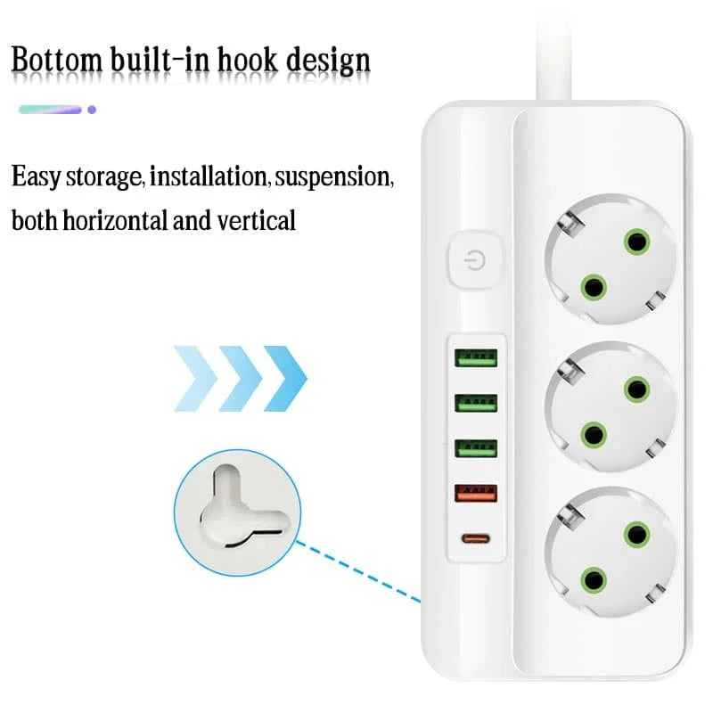 EU-Stecker Mehrfachsteckdose 2500 W – 3/4/5/6 Steckplätze mit 4 USB & 1 Type-C, 2 m Verlängerungskabel, 2.1 A Schnellladen