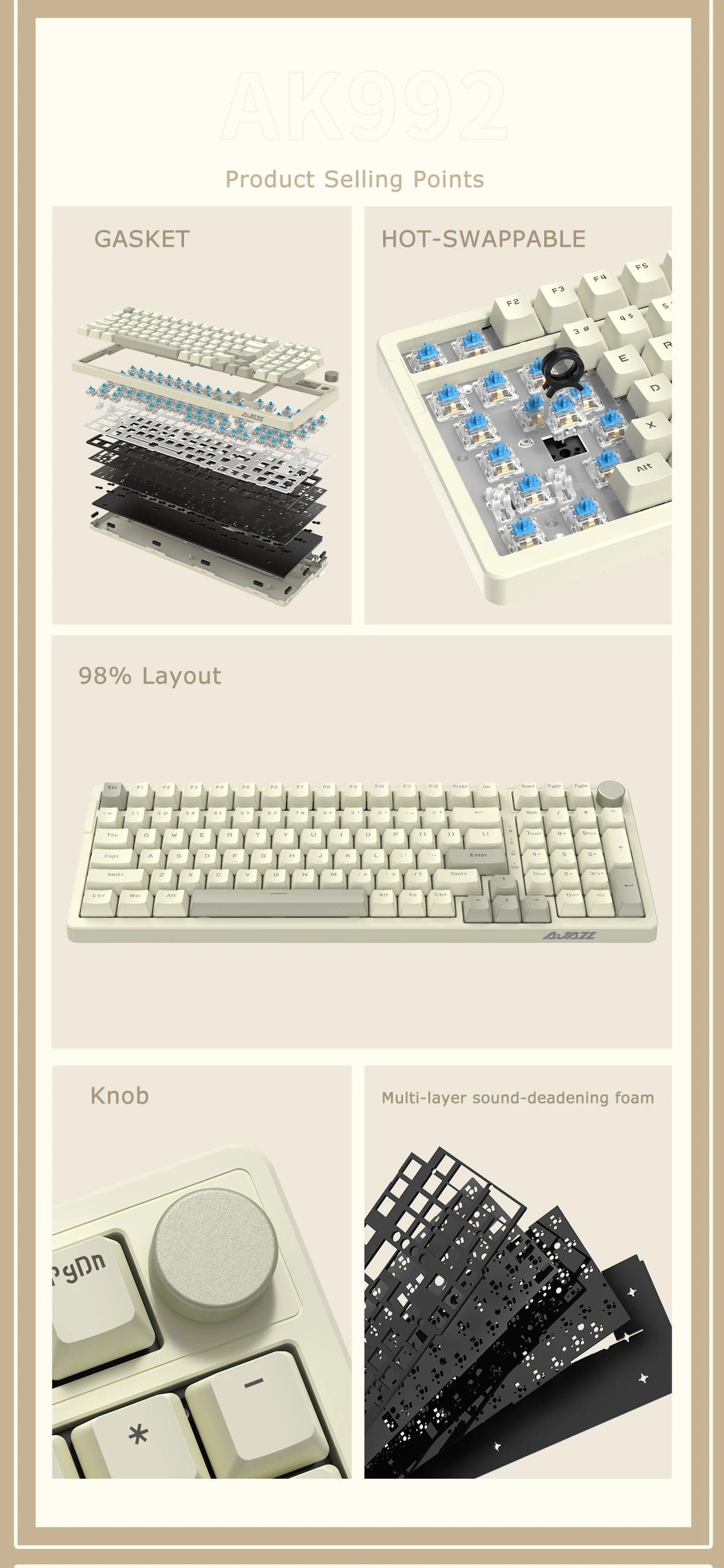 Ajazz AK992 Mechanische Tastatur – 98 Tasten, Hot-Swap, USB-Kabel & Multifunktions-Drehknopf, Vollformat Gaming Keyboard