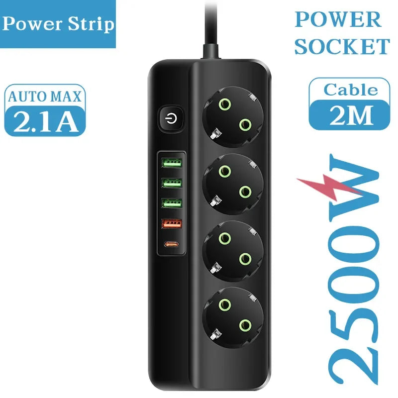 EU-Stecker Mehrfachsteckdose 2500 W – 3/4/5/6 Steckplätze mit 4 USB & 1 Type-C, 2 m Verlängerungskabel, 2.1 A Schnellladen