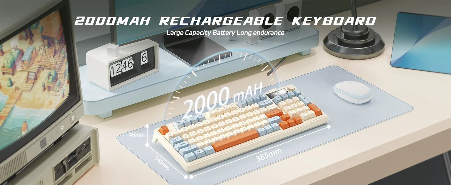 ZIYOU LANG Kabellose Gaming-Tastatur – Mit Display & Multifunktions-Drehknopf, Bluetooth/2.4 GHz, Leise Membrantasten & 3000 mAh Akku