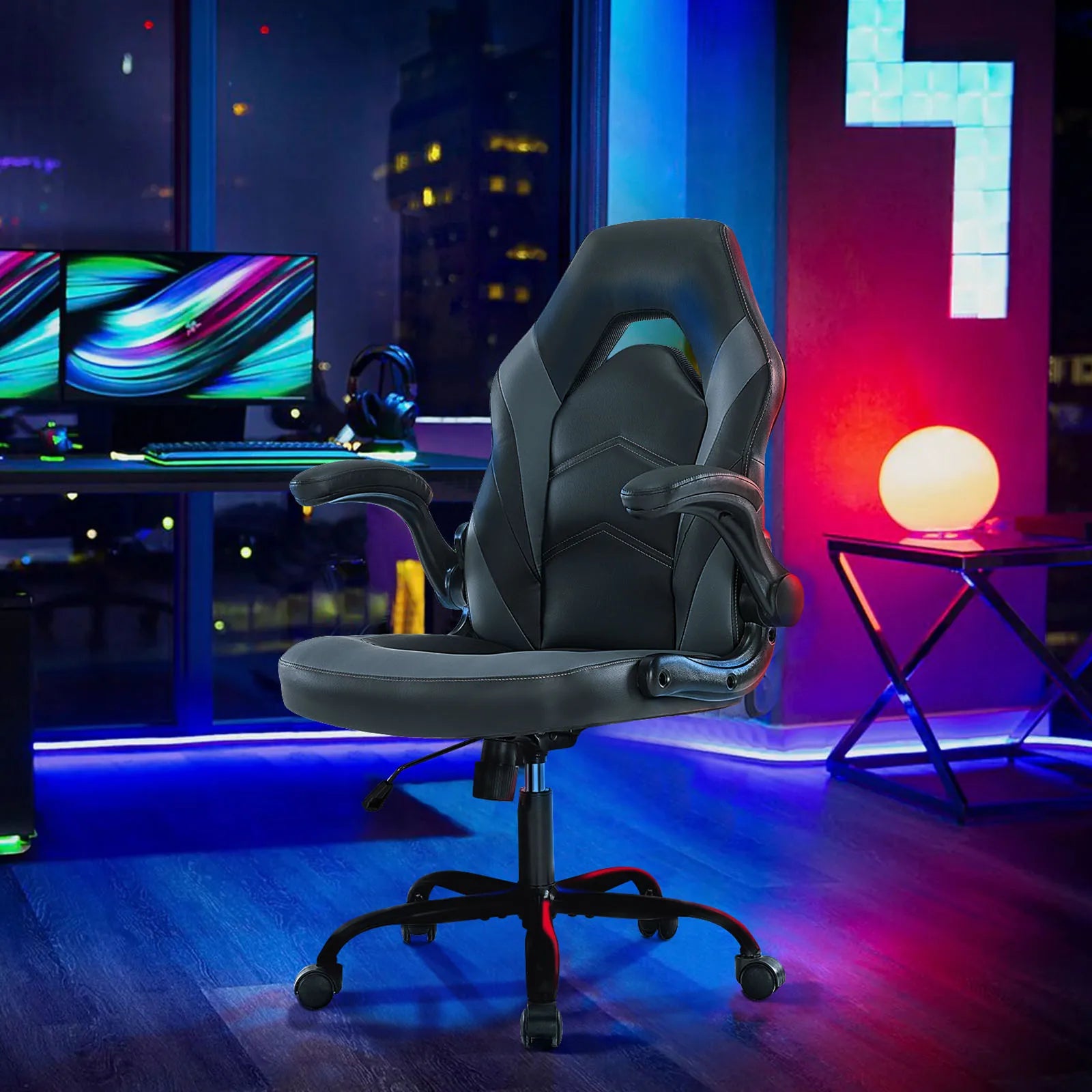 JHK Ergonomischer Gaming- & Bürostuhl – Verstellbarer PU-Ledersessel mit Klappbaren Armlehnen und Racing-Design