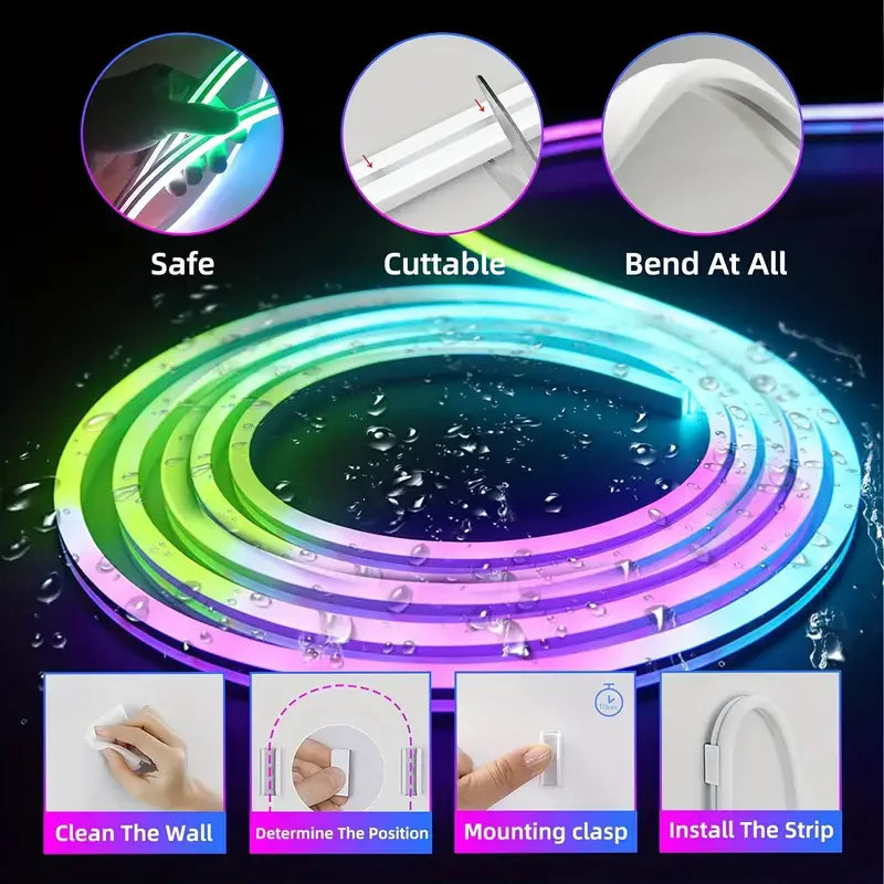 Smart RGB Neon LED Streifen – Wasserdichtes USB Lichtband 1–5 m, Tuya App & Fernbedienung, Flexibles DIY Design für Neon Dekoration & Beleuchtung