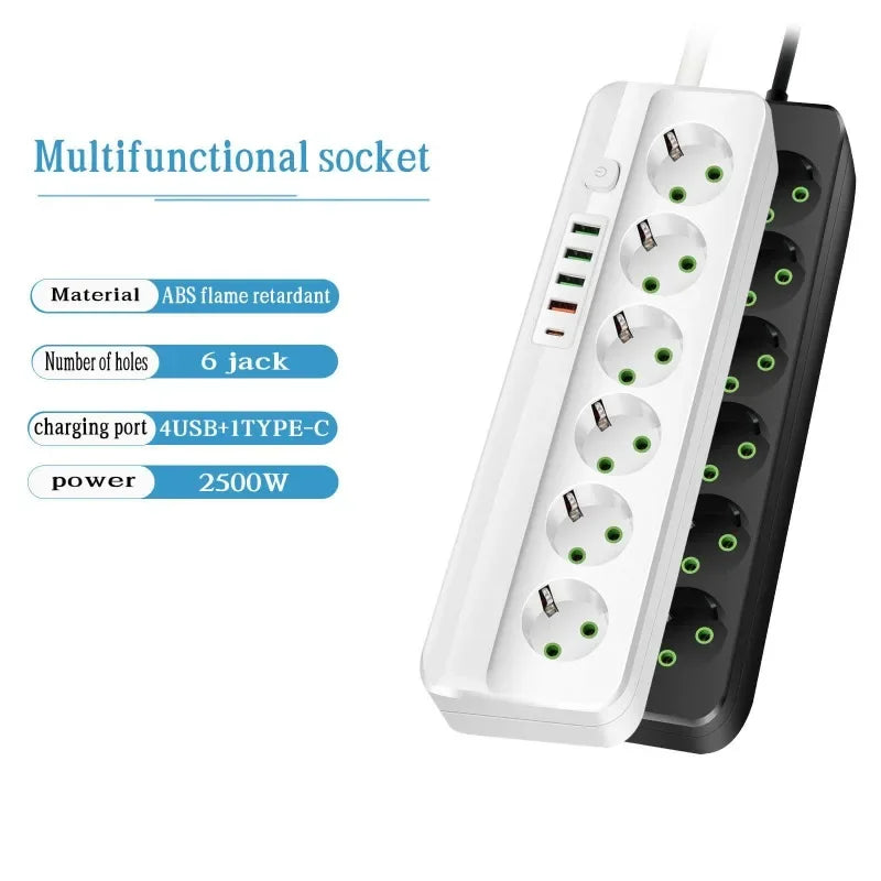 EU-Stecker Mehrfachsteckdose 2500 W – 3/4/5/6 Steckplätze mit 4 USB & 1 Type-C, 2 m Verlängerungskabel, 2.1 A Schnellladen