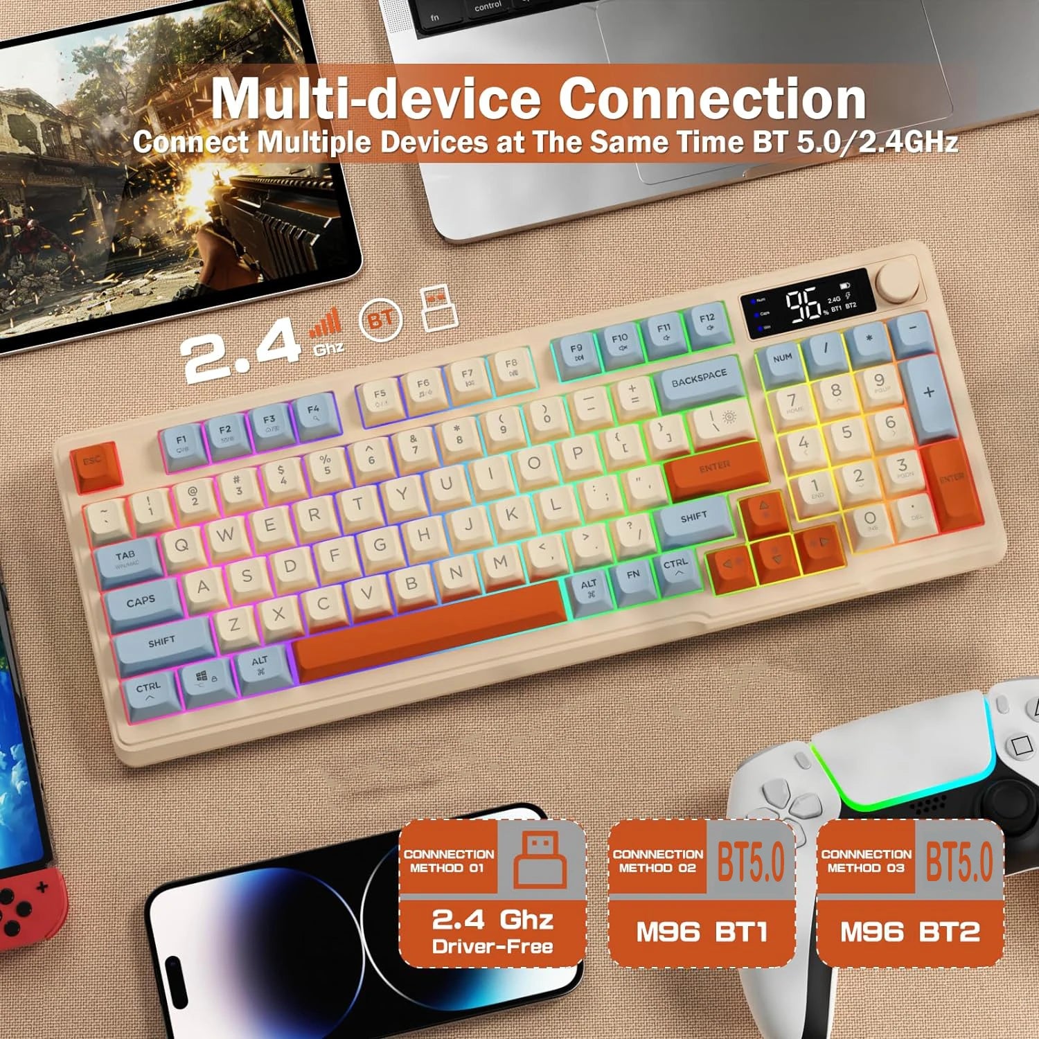 ZIYOU LANG Kabellose Gaming-Tastatur – Mit Display & Multifunktions-Drehknopf, Bluetooth/2.4 GHz, Leise Membrantasten & 3000 mAh Akku