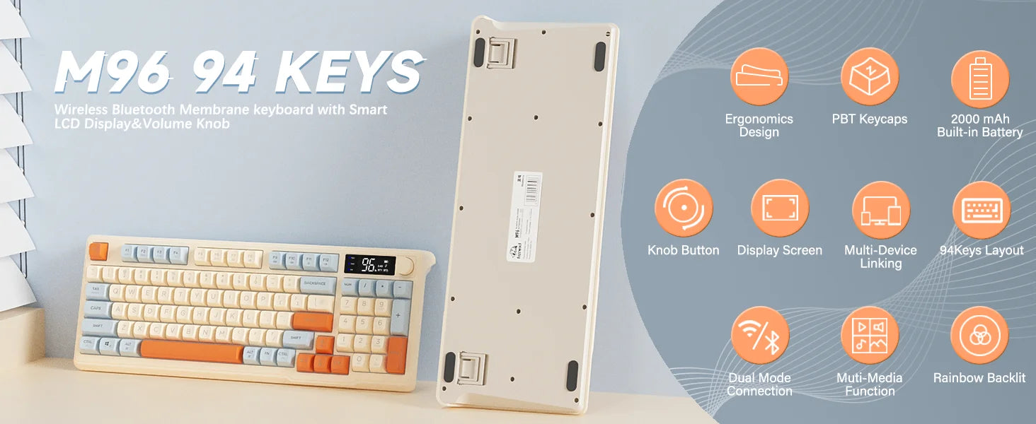 ZIYOU LANG Kabellose Gaming-Tastatur – Mit Display & Multifunktions-Drehknopf, Bluetooth/2.4 GHz, Leise Membrantasten & 3000 mAh Akku