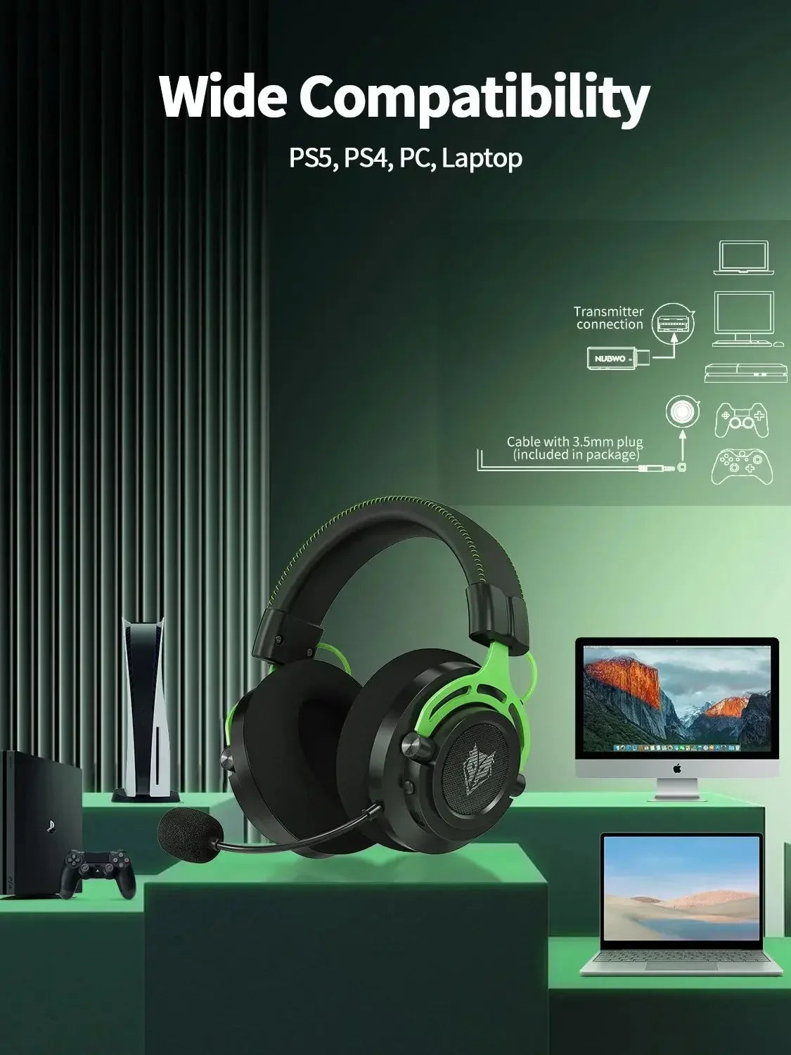 NUBWO G03 Kabelloses Gaming-Headset – 2.4GHz & Bluetooth Dual-Modus, Stereo-Sound, Geräuschunterdrückendes Mikrofon & USB-Dongle