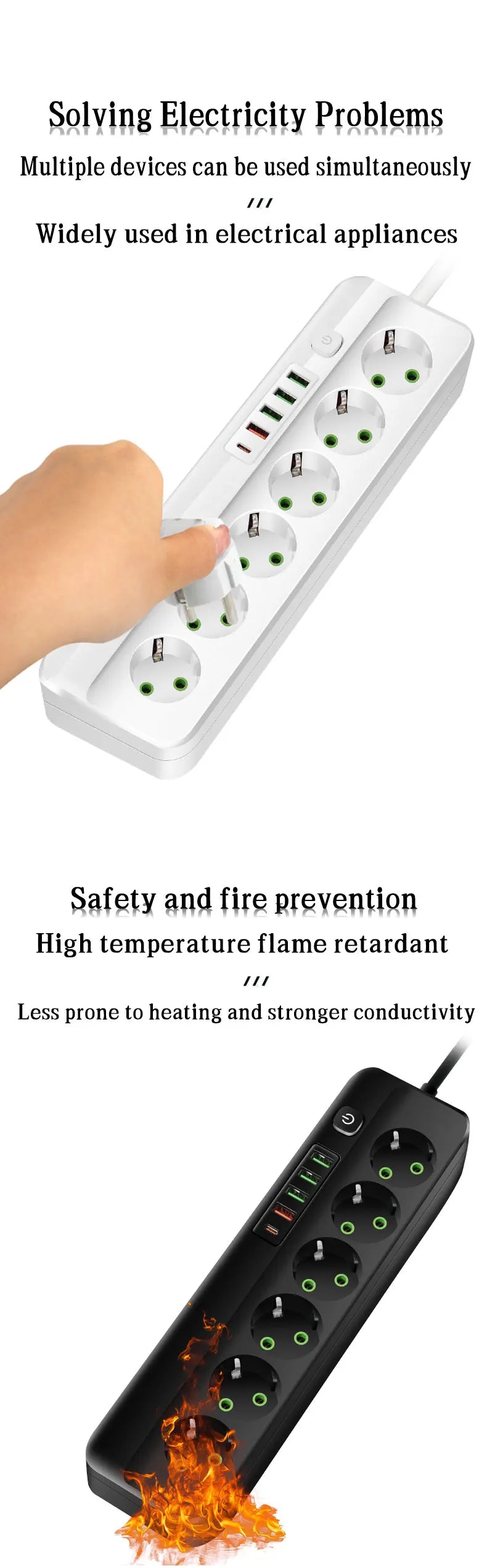 EU-Stecker Mehrfachsteckdose 2500 W – 3/4/5/6 Steckplätze mit 4 USB & 1 Type-C, 2 m Verlängerungskabel, 2.1 A Schnellladen