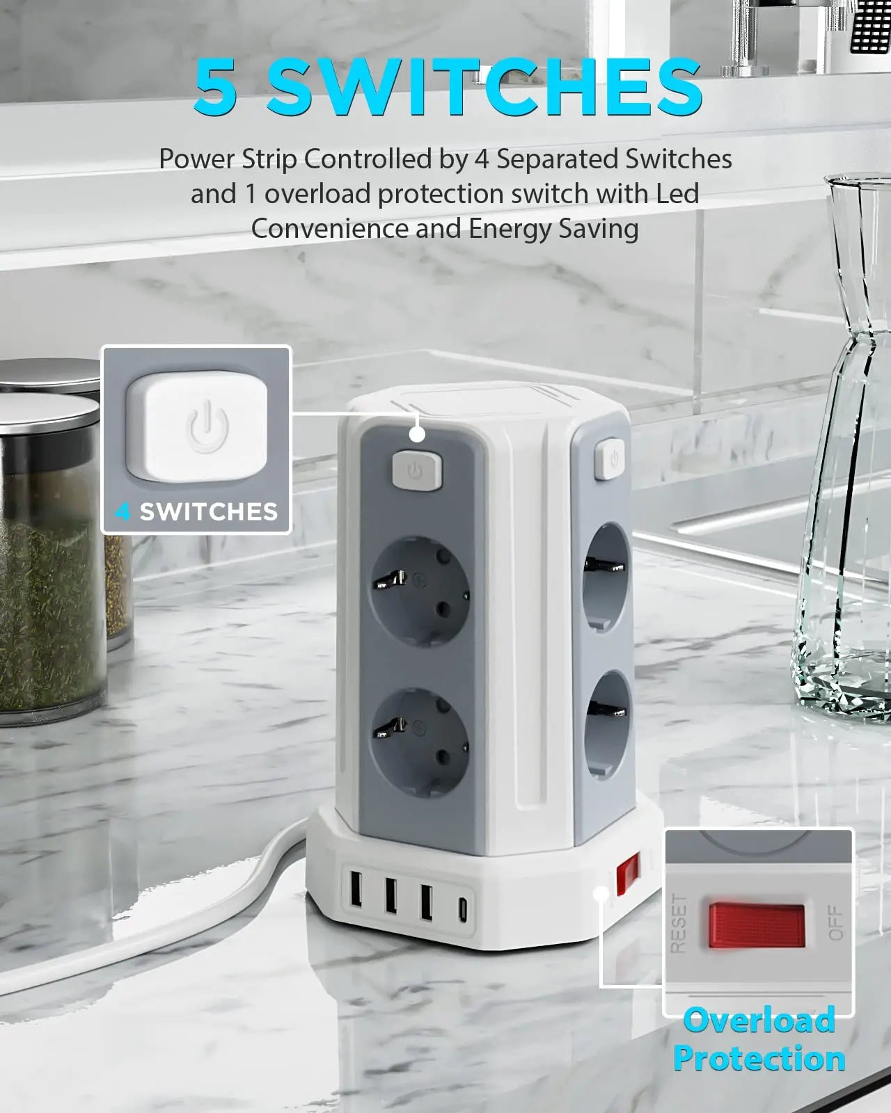 Mehrfachsteckdose 3 m mit 8 Steckplätzen, 3 USB & 1 USB-C – 2500 W / 10 A, Überspannungsschutz & Einzelschalter