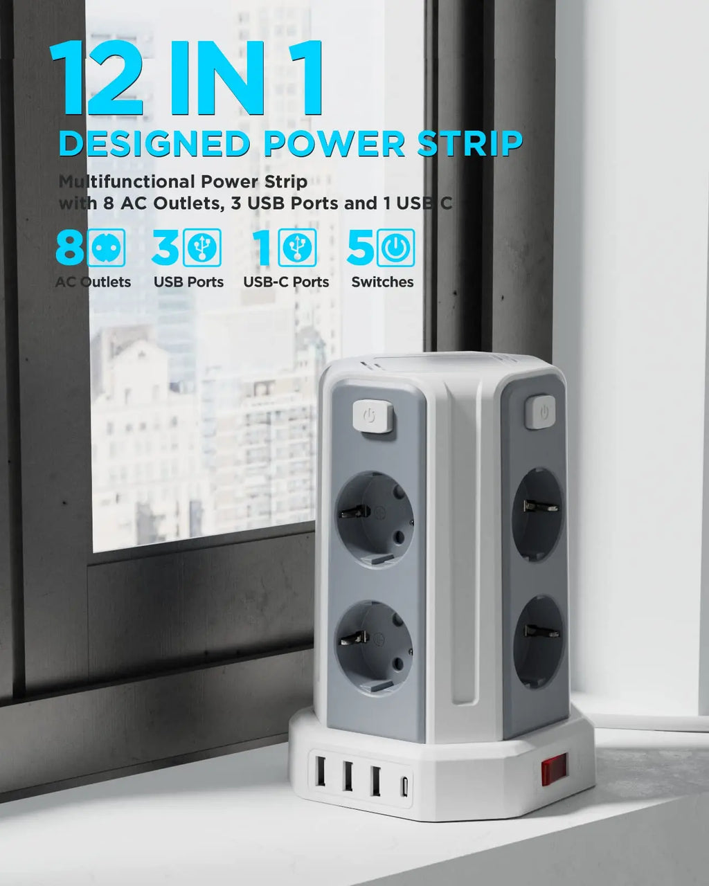 Mehrfachsteckdose 3 m mit 8 Steckplätzen, 3 USB & 1 USB-C – 2500 W / 10 A, Überspannungsschutz & Einzelschalter