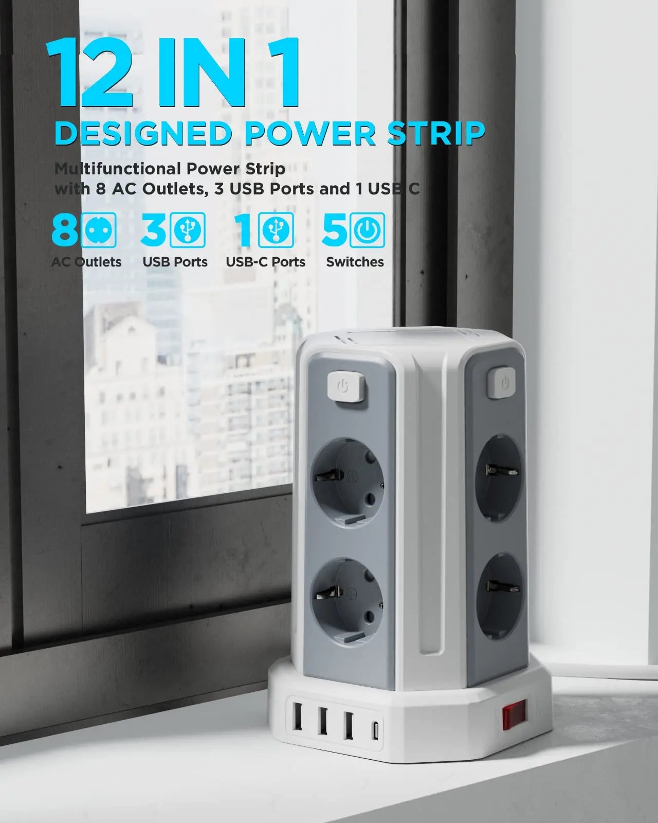 Mehrfachsteckdose 3 m mit 8 Steckplätzen, 3 USB & 1 USB-C – 2500 W / 10 A, Überspannungsschutz & Einzelschalter